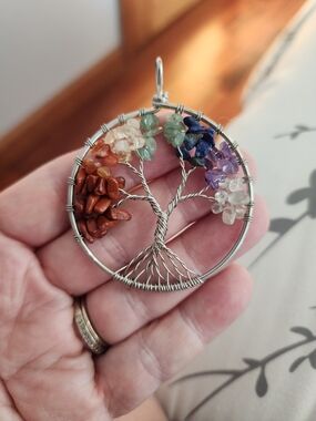 Wire-Wrapped Tree of Life Pendant with Multicolor Gem Chips